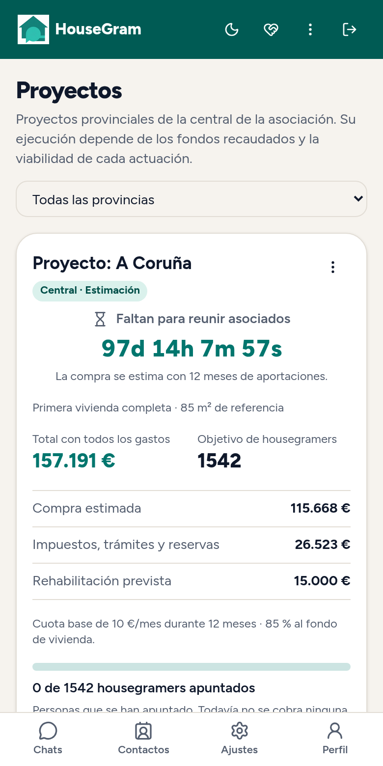 Pantalla de proyectos provinciales de HouseGram con costes y avance de inscripciones